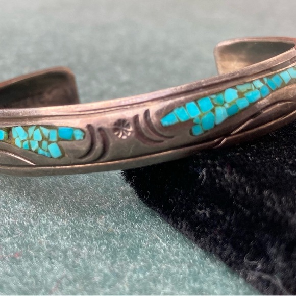 Navajo Signed J Nezzie Silver Turquoise Native American Cuff Bracelet  **As Is** - Picture 3 of 11